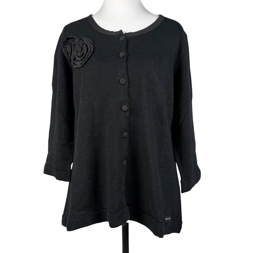 Blue Willis Life Floral Rosette Cardigan Womens L Black Linen Cotton Denmark Y2K